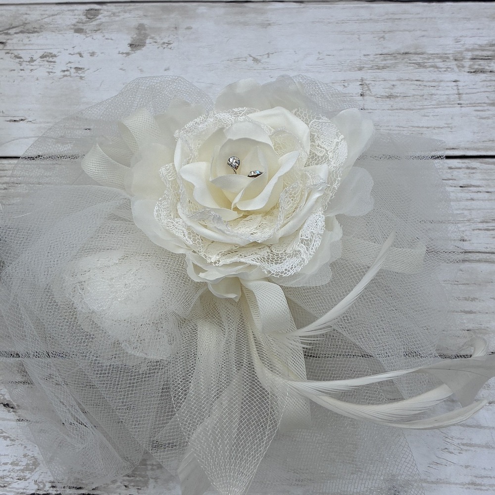David's Bridal Ivory Fascinator Hat with Flower & Swarovski Crystals